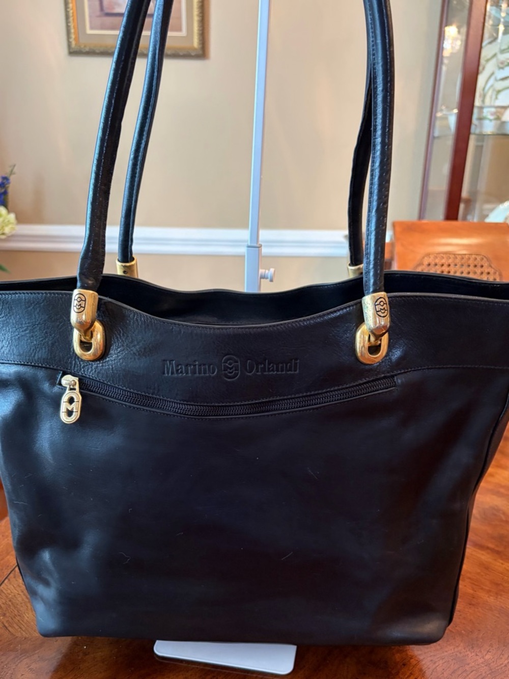 Marino Orlandi Black Embossed Rose Leather Tote with Gold Hardware - Picture 5 of 11